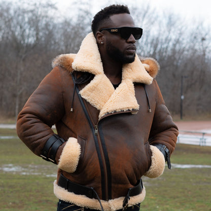 Rocco Vintage Aviator Jacket in distressed brown leather with shearling lining and fox fur hood for men