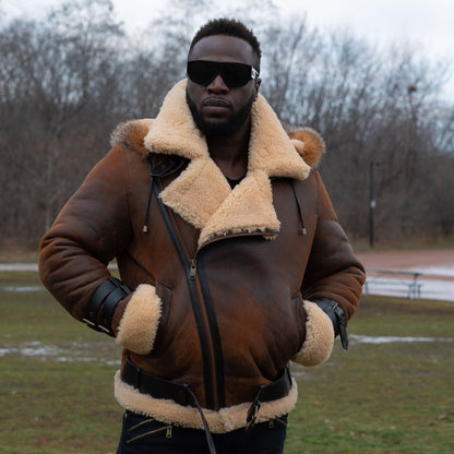 Rocco Vintage Aviator Jacket in distressed brown leather with shearling lining and fox fur hood for men