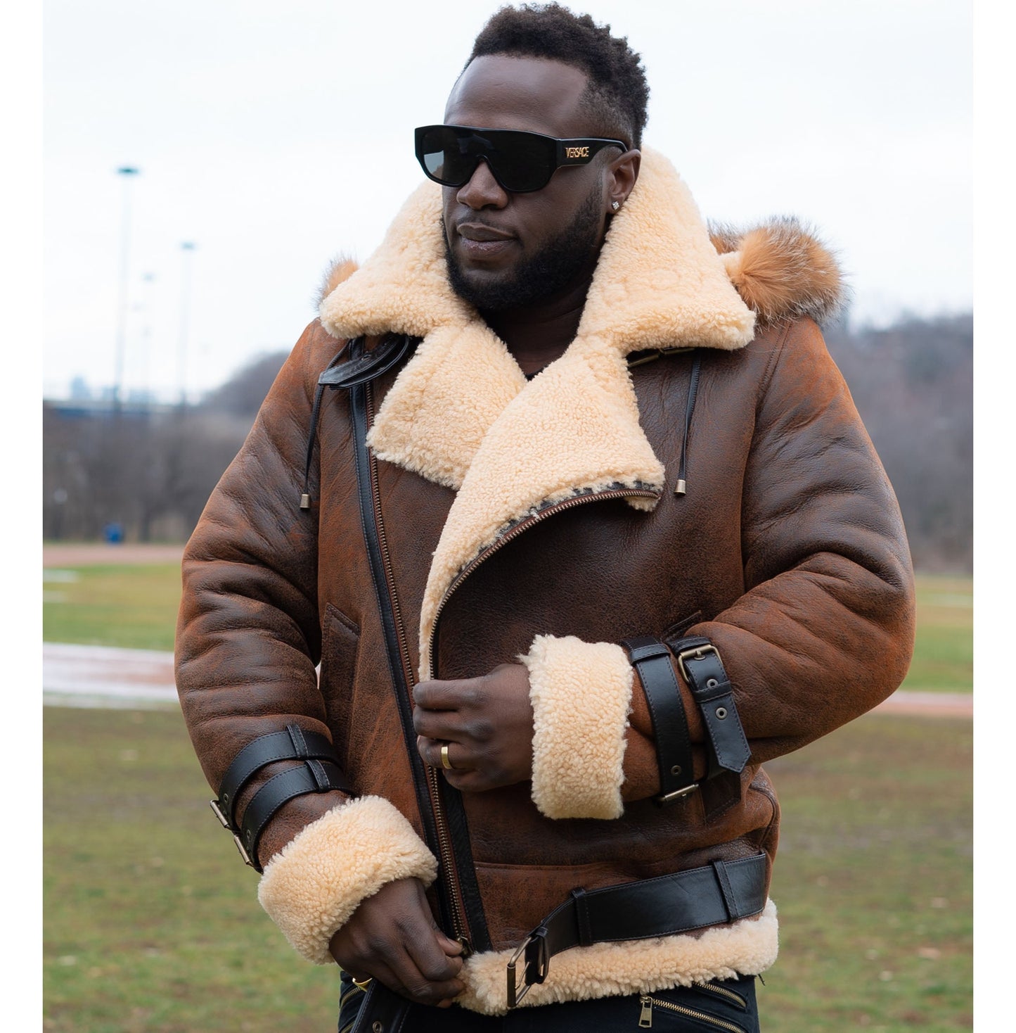 Rocco Vintage Aviator Jacket in distressed brown leather with shearling lining and fox fur hood for men