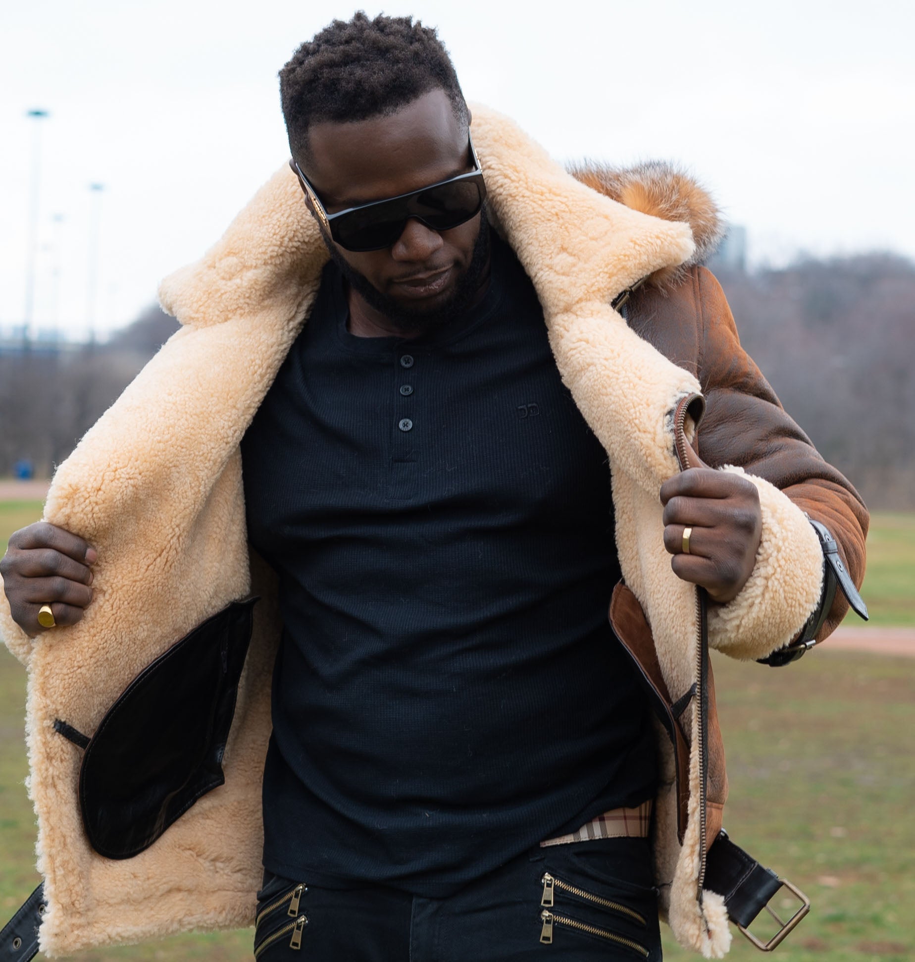 Rocco Vintage Aviator Jacket in distressed brown leather with shearling lining and fox fur hood for men