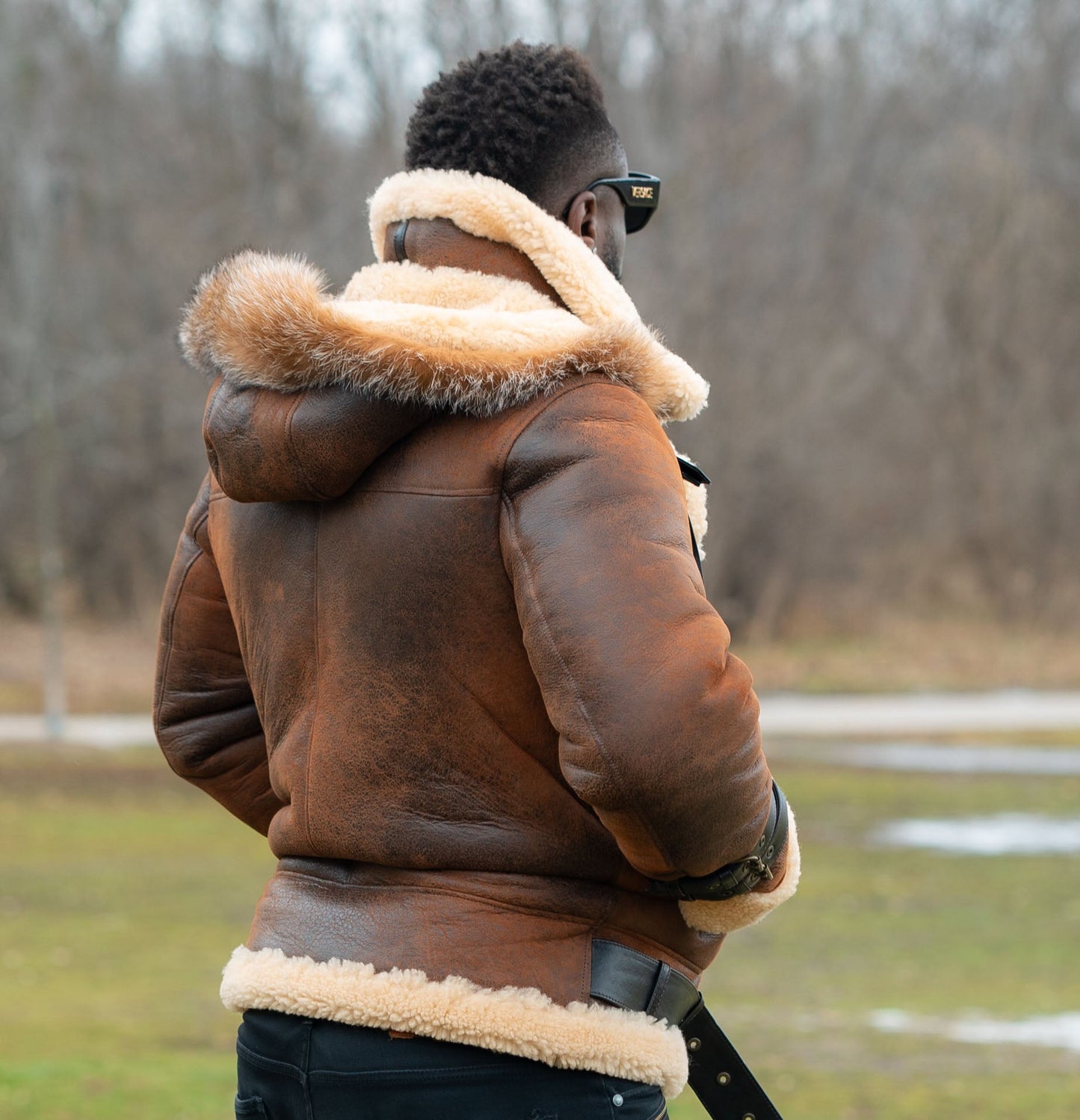Rocco Vintage Aviator Jacket in distressed brown leather with shearling lining and fox fur hood for men
