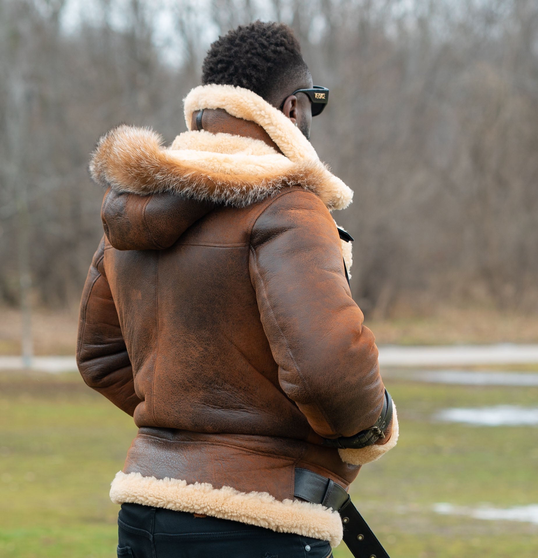 Rocco Vintage Aviator Jacket in distressed brown leather with shearling lining and fox fur hood for men