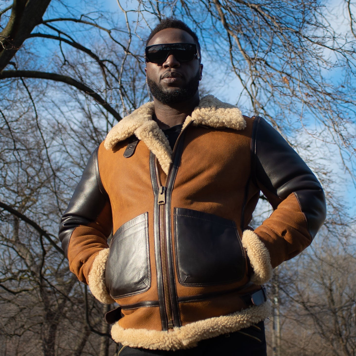 Juke’s B-3 Bomber Jacket for men – brown aviator leather jacket with shearling collar and classic flight style