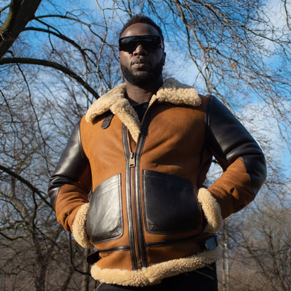 Juke’s B-3 Bomber Jacket for men – brown aviator leather jacket with shearling collar and classic flight style