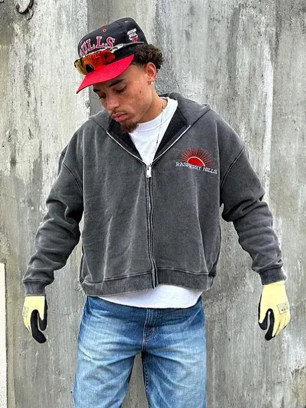 cropped raspberry hills hoodie blue streetwear zip up outfit