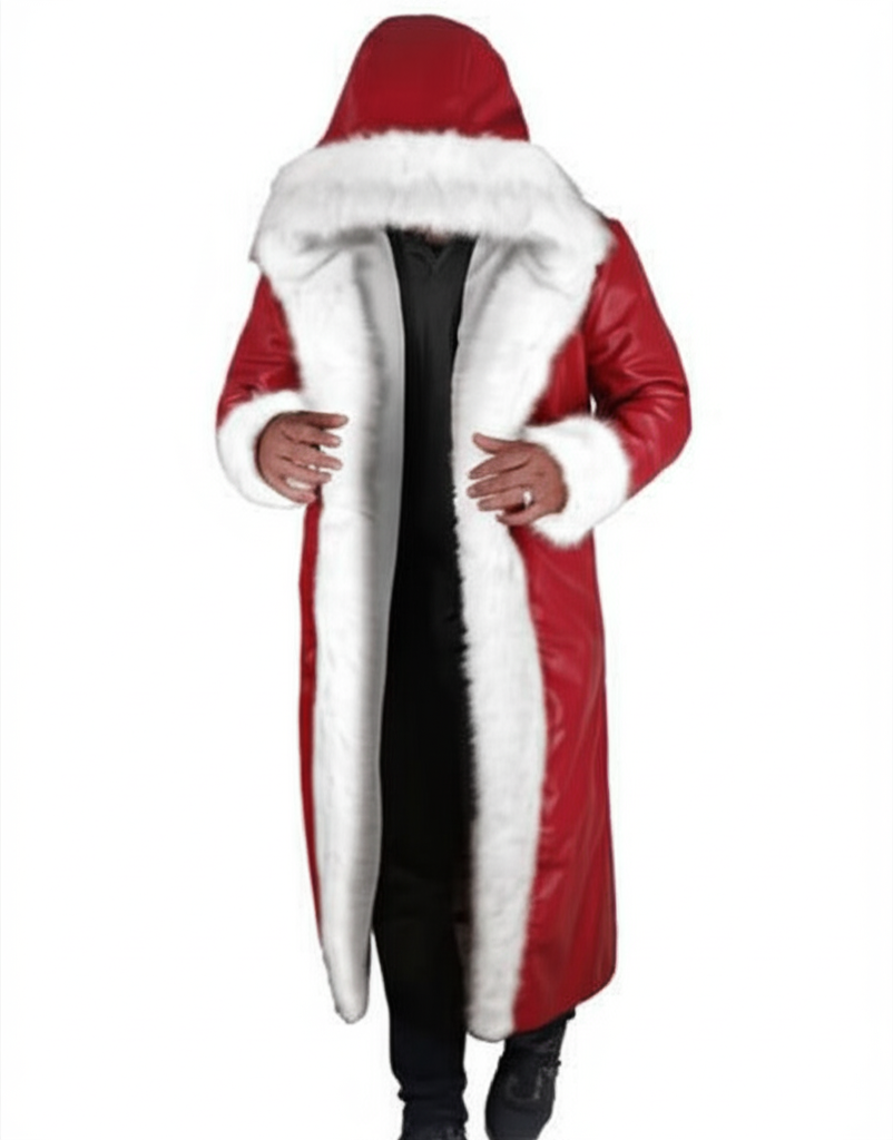 Santa Claus red wool coat inspired by Kurt Russell in The Christmas Chronicles – fur-trimmed festive jacket for men