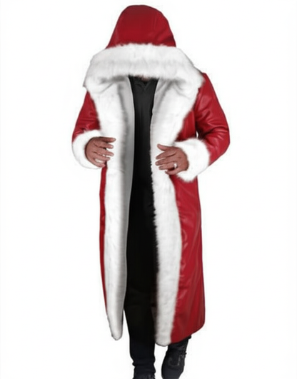 Santa Claus red wool coat inspired by Kurt Russell in The Christmas Chronicles – fur-trimmed festive jacket for men