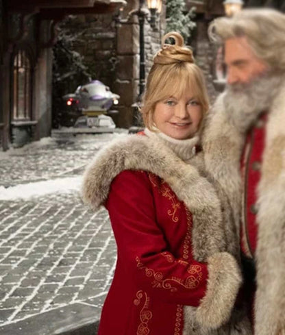 Mrs. Claus Red Long Coat inspired by Goldie Hawn in The Christmas Chronicles 2 – wool blend with fur trim and gold embroidery