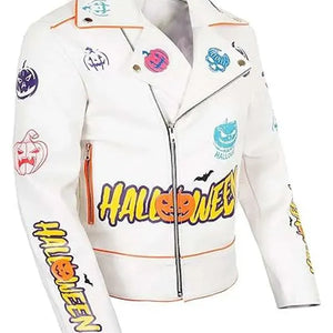 Shop Halloween Pumpkin White Biker Leather Jacket