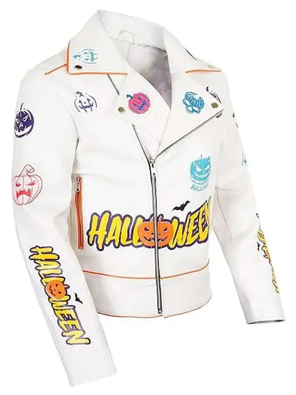 Shop Halloween Pumpkin White Biker Leather Jacket
