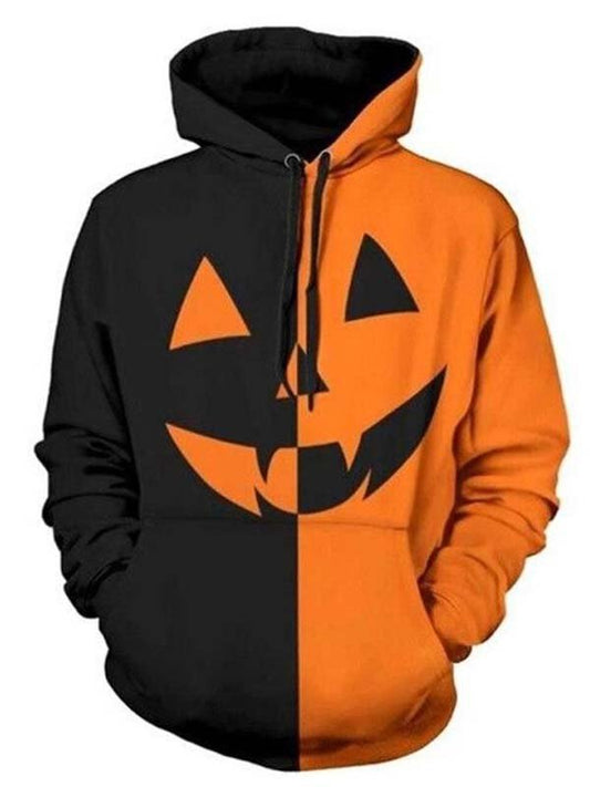 Halloween pumpkin-head hoodie black and orange pullover with cozy fleece