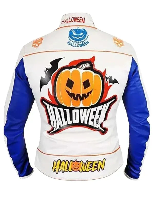 Halloween Pumpkin Printed White Leather Jacket