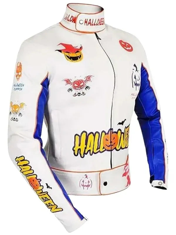 Halloween Pumpkin Printed White Leather Jacket