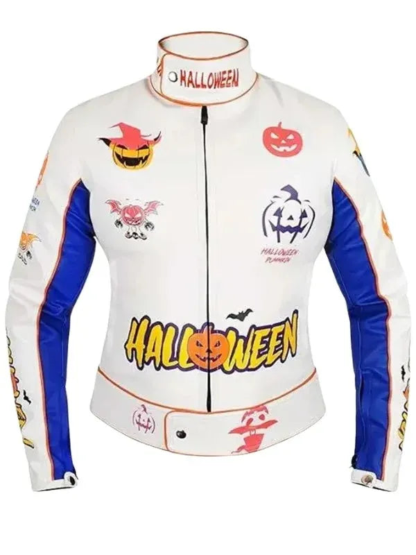Halloween Pumpkin Printed White Leather Jacket