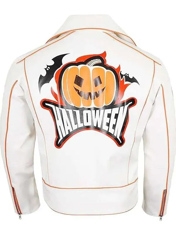 Shop Halloween Pumpkin White Biker Leather Jacket