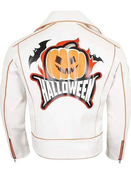 Shop Halloween Pumpkin White Biker Leather Jacket