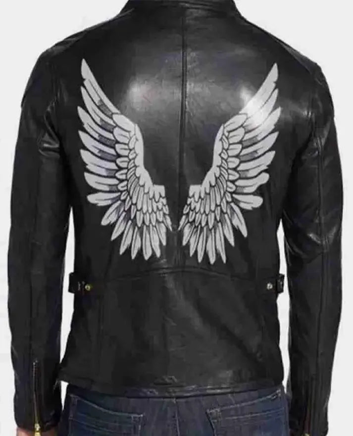 Halloween Black Wings Printed Black Leather Jacket