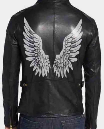 Halloween Black Wings Printed Black Leather Jacket