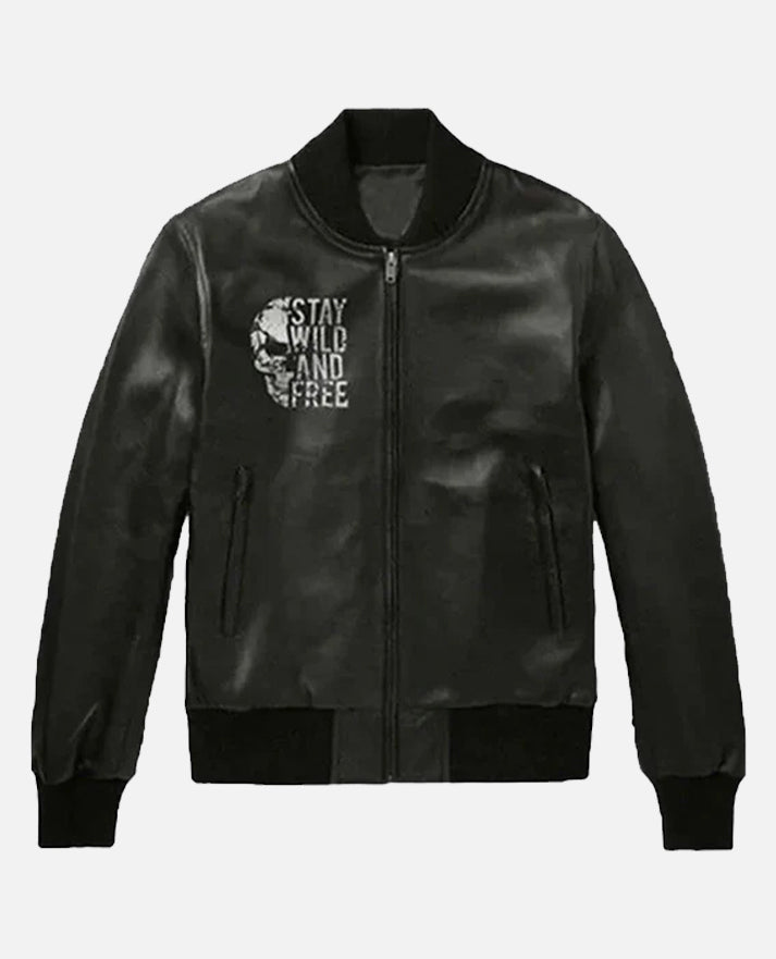 Halloween Special Stay Wild and Free Black Bomber Leather Jacket
