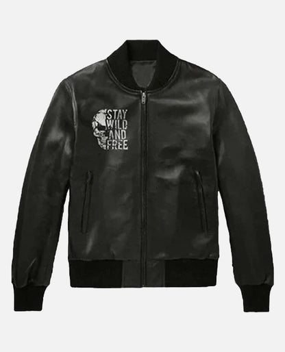 Halloween Special Stay Wild and Free Black Bomber Leather Jacket