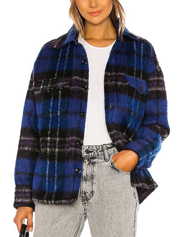 woman wearing Johanne blue plaid wool jacket with Home For Christmas style