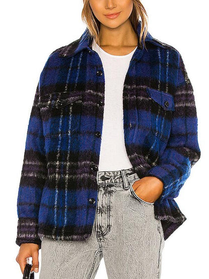 woman wearing Johanne blue plaid wool jacket with Home For Christmas style