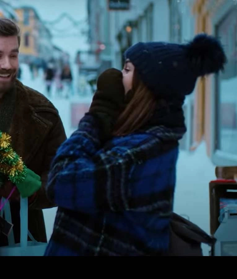 woman wearing Johanne blue plaid wool jacket with Home For Christmas style