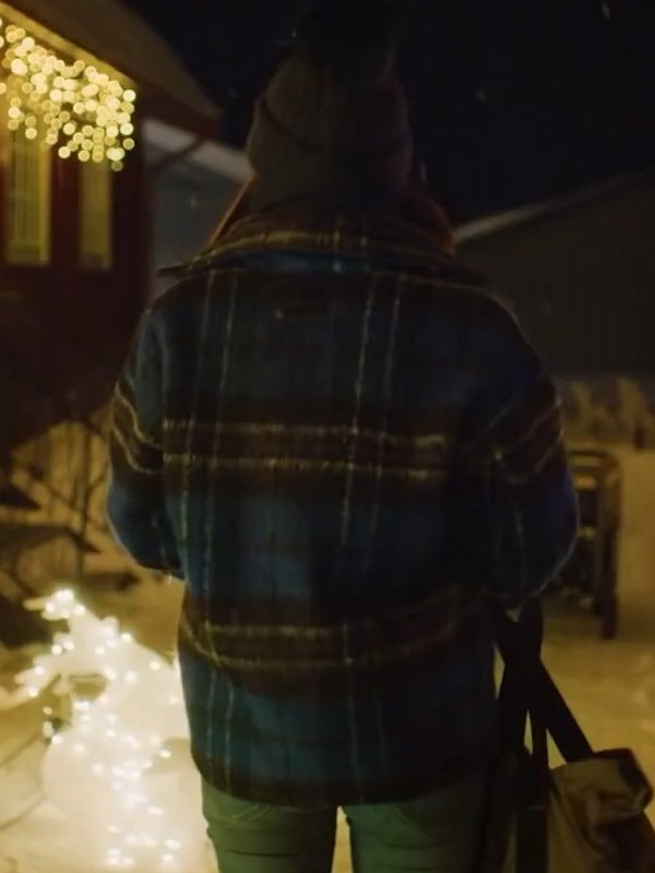 woman wearing Johanne blue plaid wool jacket with Home For Christmas style