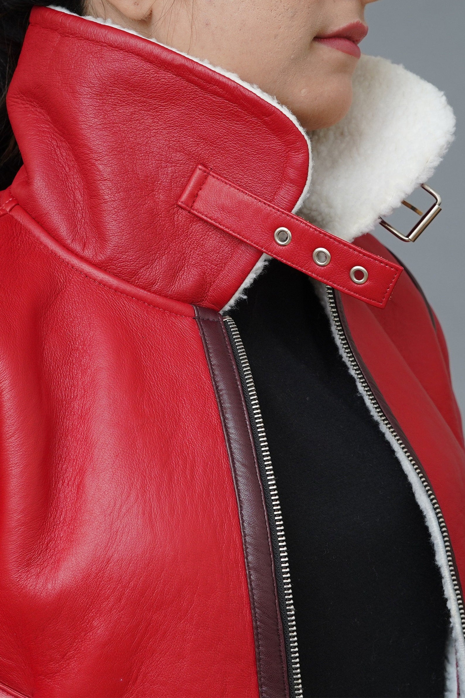 Womens Bomber Style Faux Shearling Red Leather Jacket | Christmas Outfit