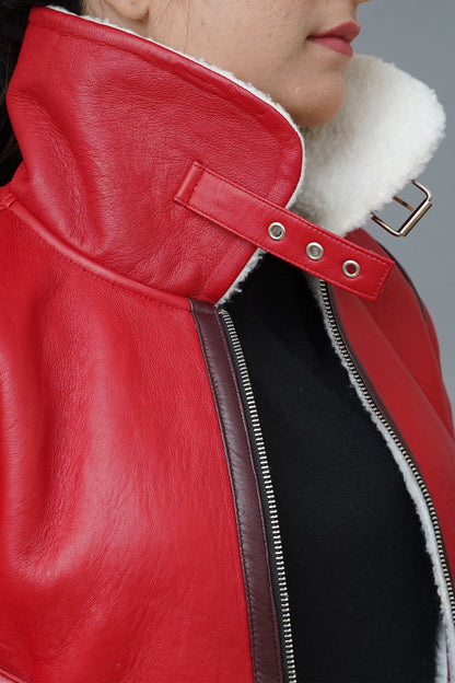 Womens Bomber Style Faux Shearling Red Leather Jacket | Christmas Outfit