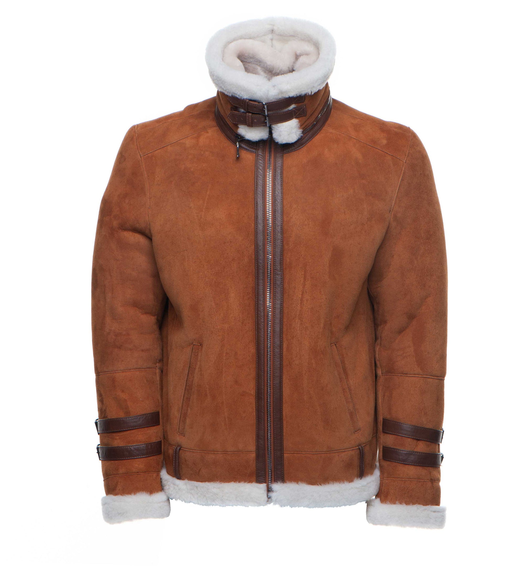 Hagan’s Tan Aviator Jacket – men’s suede shearling bomber in classic tan leather with zip closure and collar strap