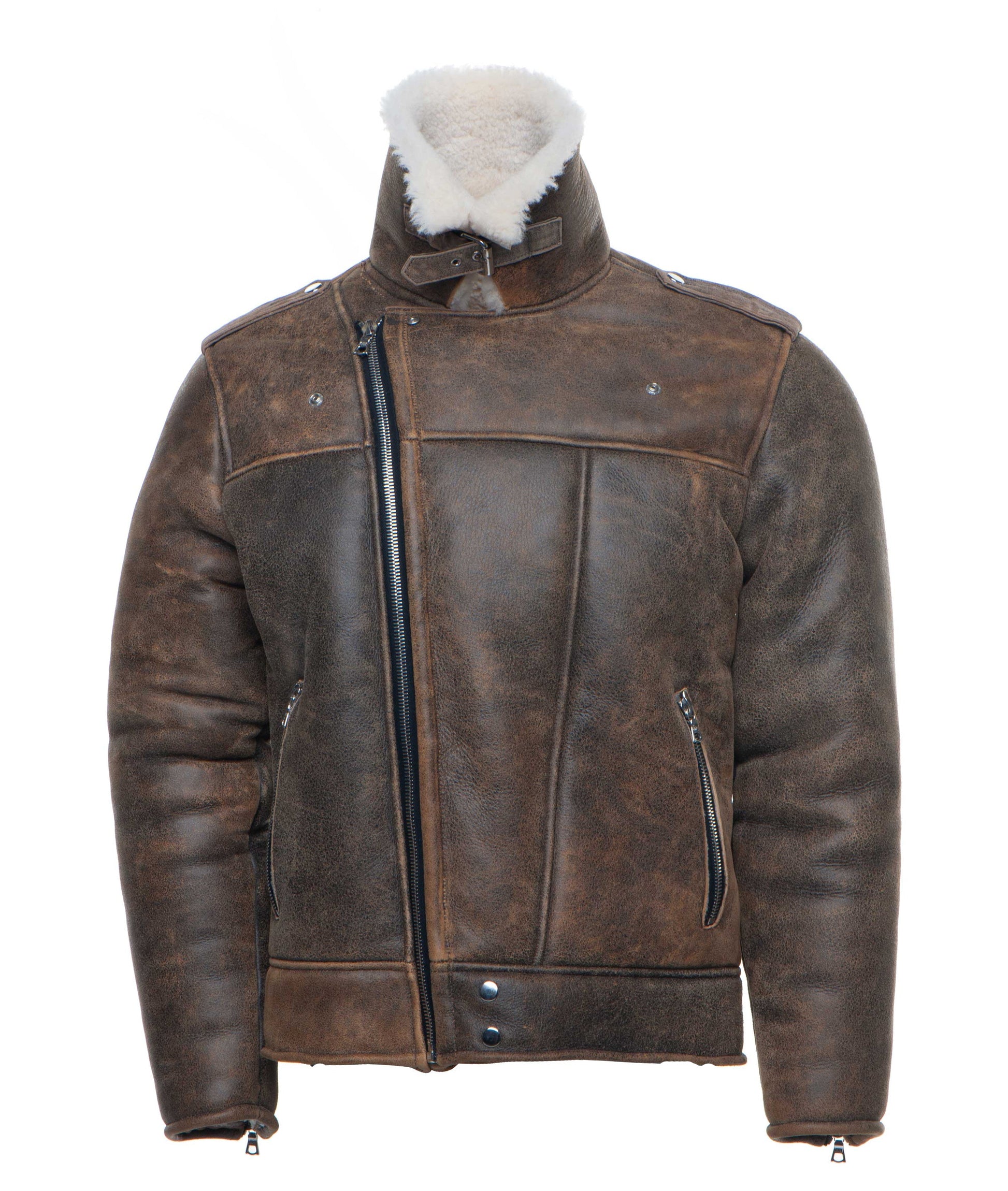 Carter’s Distressed Biker Jacket for men – brown leather shearling bomber with notch lapels and vintage finish