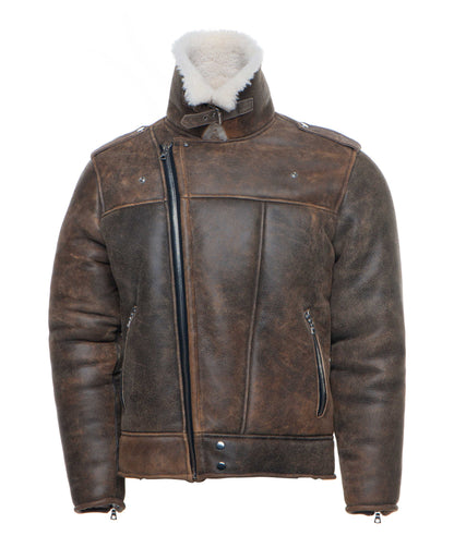 Carter’s Distressed Biker Jacket for men – brown leather shearling bomber with notch lapels and vintage finish