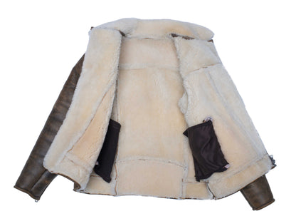 Carter’s Distressed Biker Jacket for men – brown leather shearling bomber with notch lapels and vintage finish