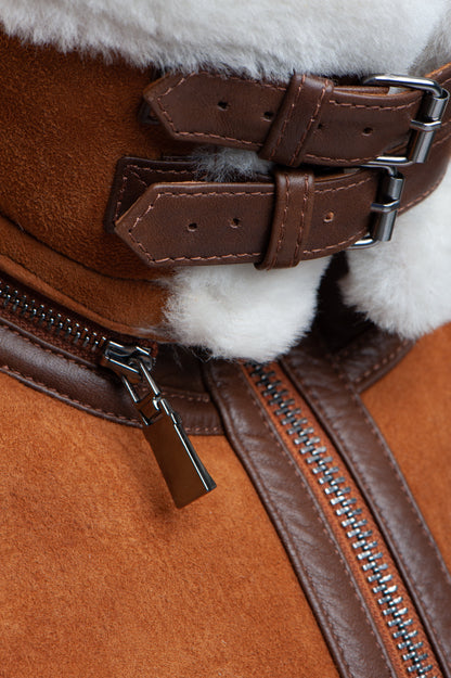 Hagan’s Tan Aviator Jacket – men’s suede shearling bomber in classic tan leather with zip closure and collar strap