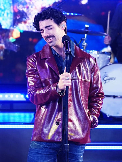 Joe Jonas burgundy leather jacket inspired by New Year’s Rockin’ Eve performance, men’s biker-style winter jacket