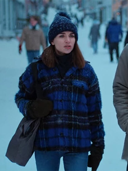 woman wearing Johanne blue plaid wool jacket with Home For Christmas style