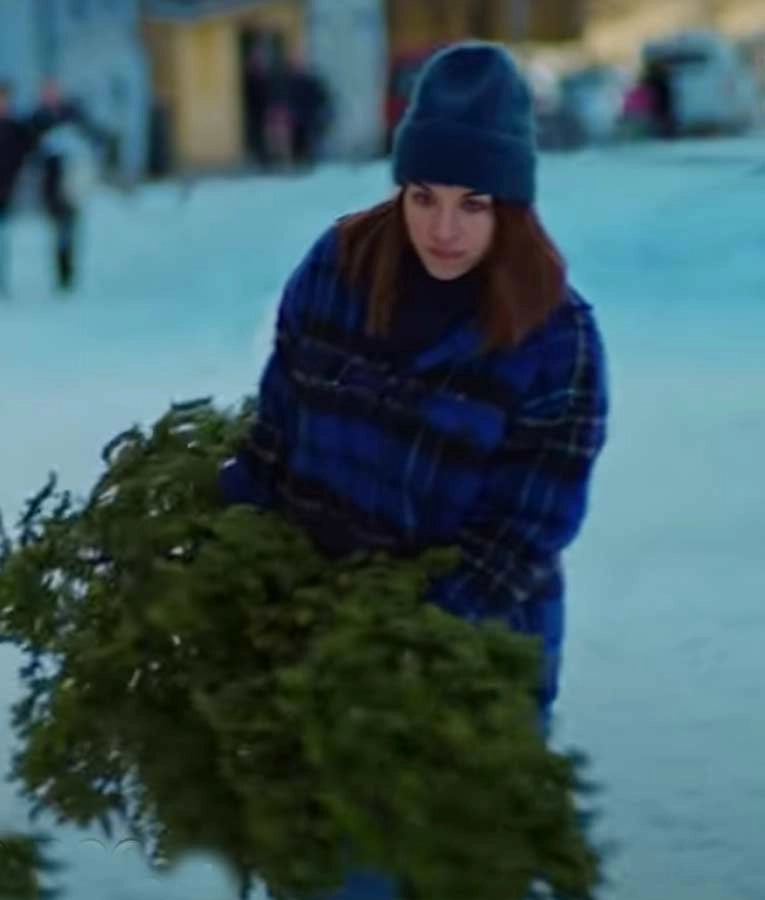 woman wearing Johanne blue plaid wool jacket with Home For Christmas style