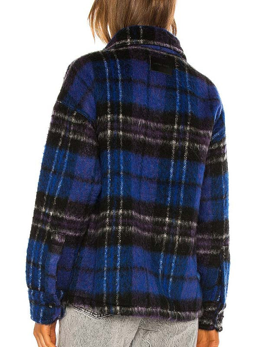 woman wearing Johanne blue plaid wool jacket with Home For Christmas style