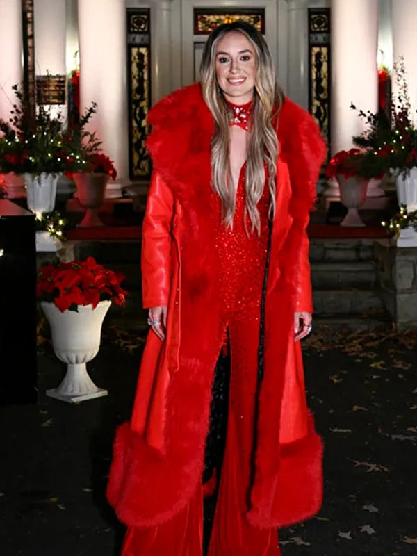 Lainey Wilson red faux leather coat with faux fur trim – festive Christmas outerwear for women