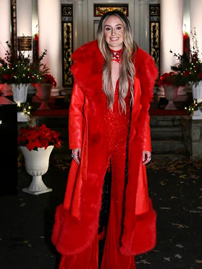 Lainey Wilson red faux leather coat with faux fur trim – festive Christmas outerwear for women