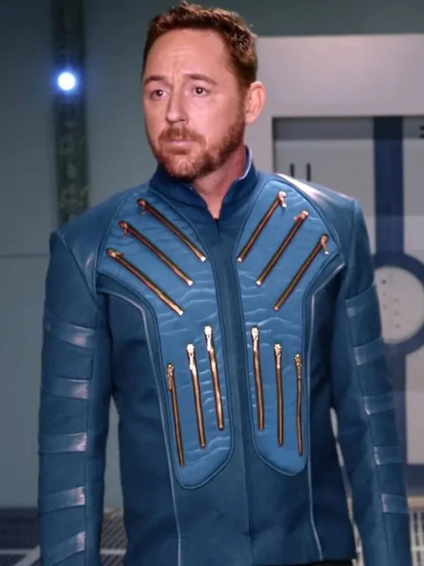 blue leather jacket inspired by Lt Gordon Malloy style