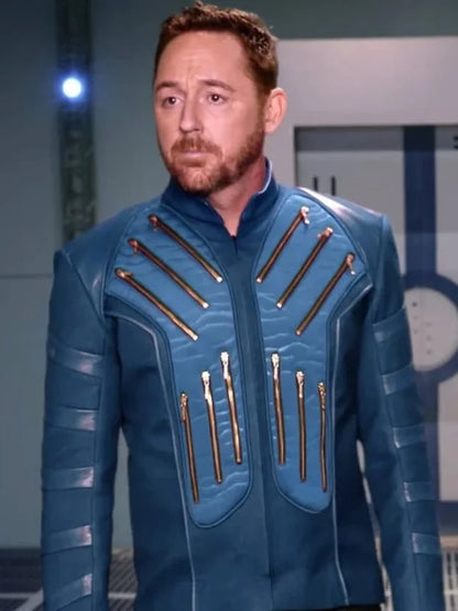 blue leather jacket inspired by Lt Gordon Malloy style