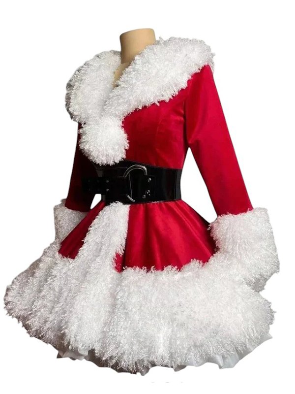 Martha May Whovier red velvet Christmas coat with faux shearling – festive holiday costume