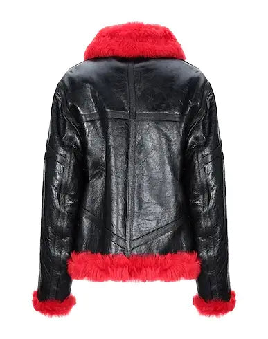 Women’s Aviator Bomber Jacket – Black Leather with Red Fur Collar