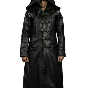 Men Stylish Black Leather Steampunk Hooded Coat