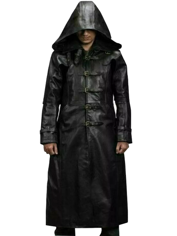 Men Stylish Black Leather Steampunk Hooded Coat