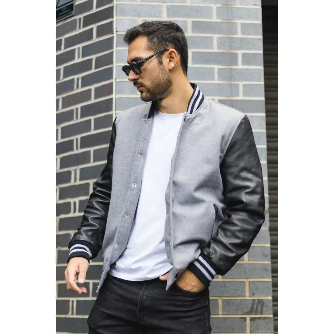 Men’s Grey Varsity Bomber Jacket
