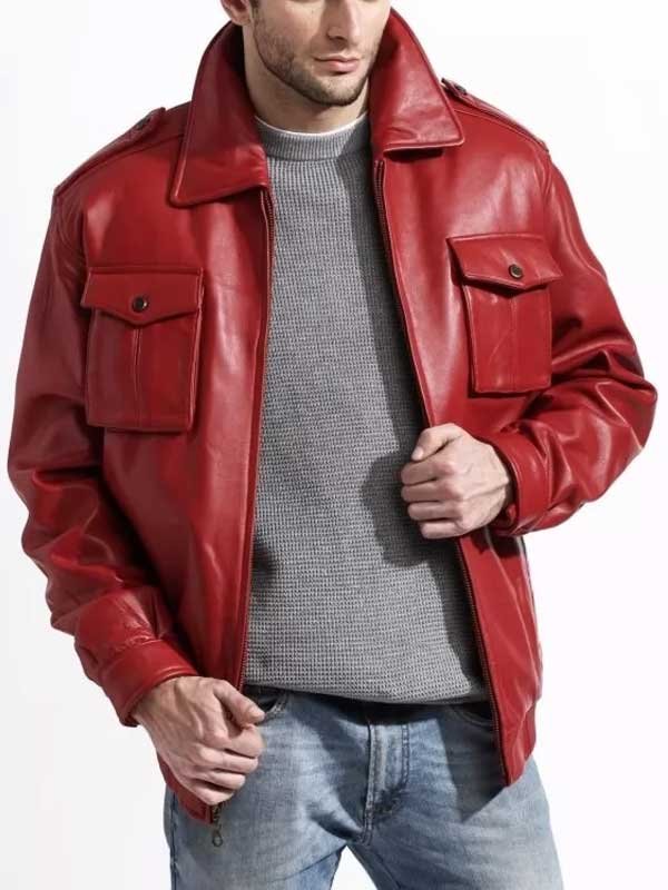 Men’s red lambskin bomber jacket with moto shirt-style collar and zip-front design