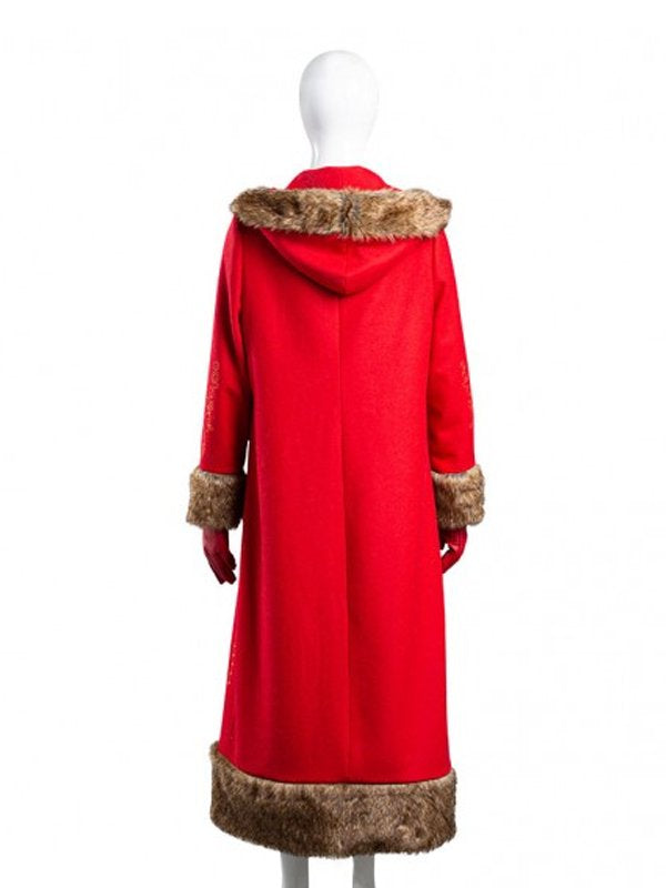 Mrs. Claus Red Long Coat inspired by Goldie Hawn in The Christmas Chronicles 2 – wool blend with fur trim and gold embroidery
